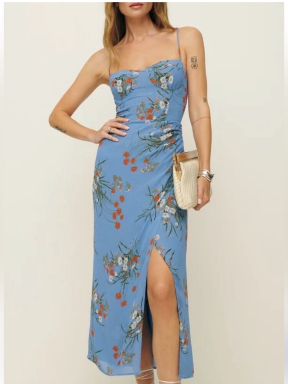Reformation Kourtney Dress Arles Floral Blue Size 4 Adjustable Tie Straps Midi